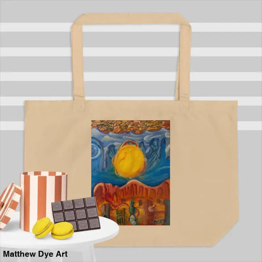 Beige canvas tote bag with artistic sun and landscape design in organic cotton