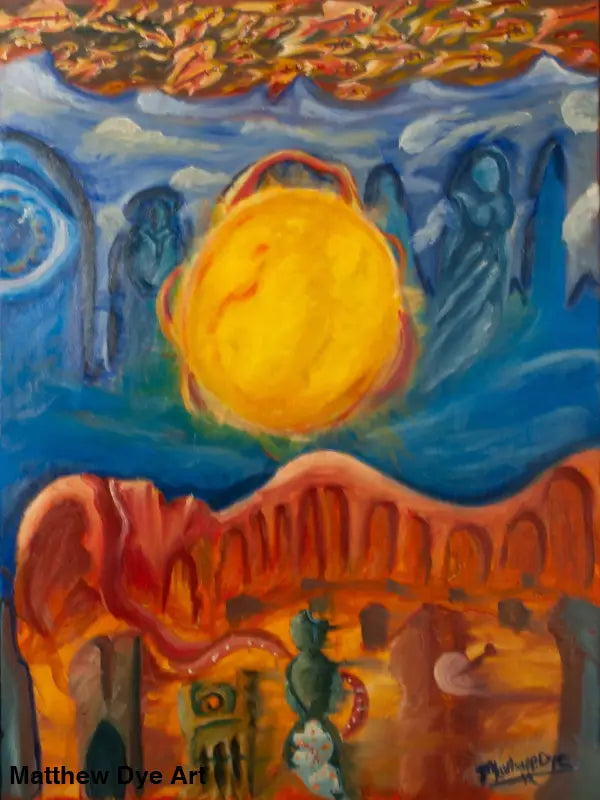 Bright yellow sun in dreamlike expressionist style on organic cotton canvas tote bag