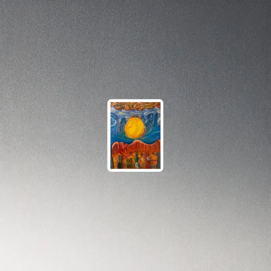 Colorful painting by Matthew Dye of a sun over red mountains, embodying Radiant Desert Dreams