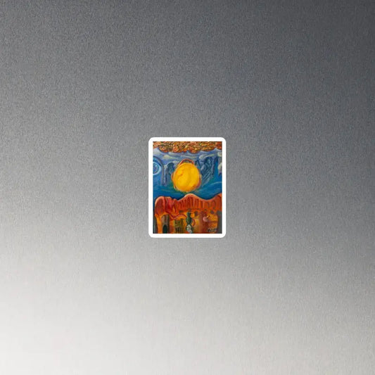 Colorful painting by Matthew Dye of a sun over red mountains, embodying Radiant Desert Dreams