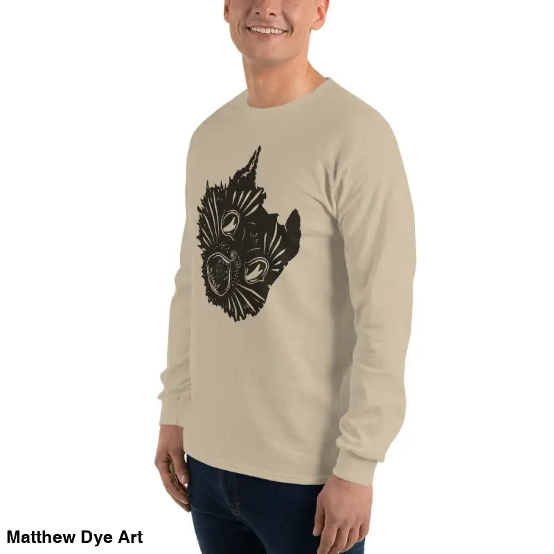 Beige long sleeve shirt with black cat graphic, ideal for Halloween and spooky themes