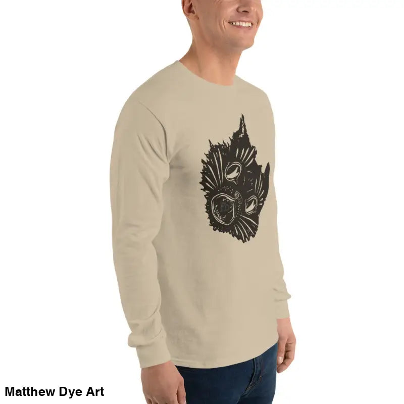 Beige long sleeve shirt featuring a dark cat graphic for spooky Halloween fashion