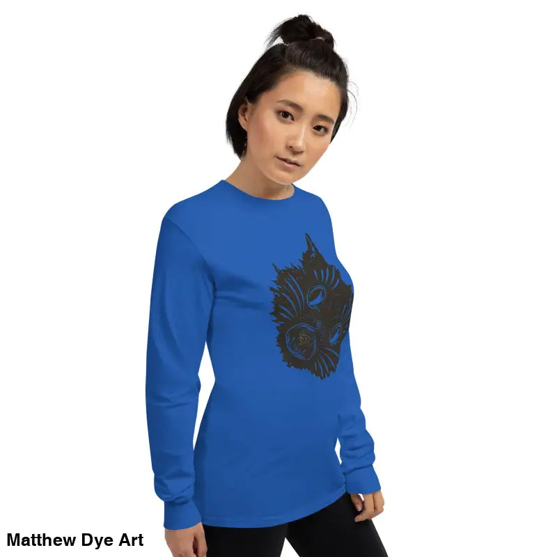 Blue long sleeve shirt featuring wolf graphic, perfect for Halloween and spooky occasions