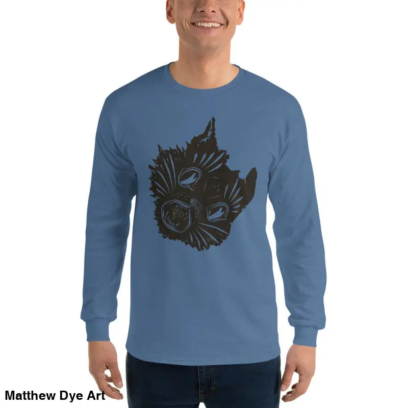 Blue long sleeve shirt featuring a cat graphic, perfect for Halloween and spooky occasions