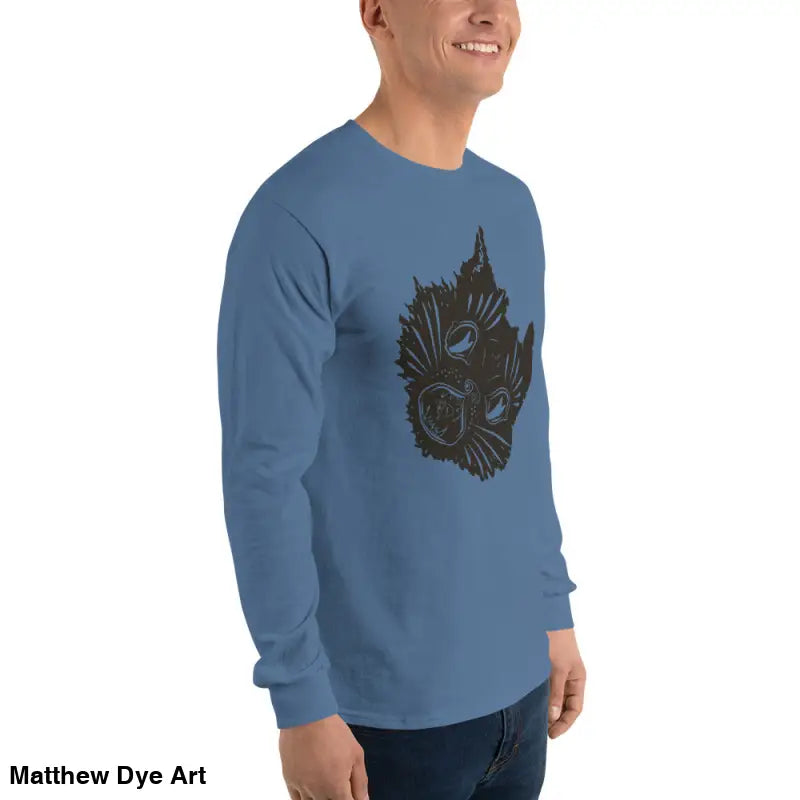 Blue long sleeve shirt featuring a black graphic for a spooky Halloween style