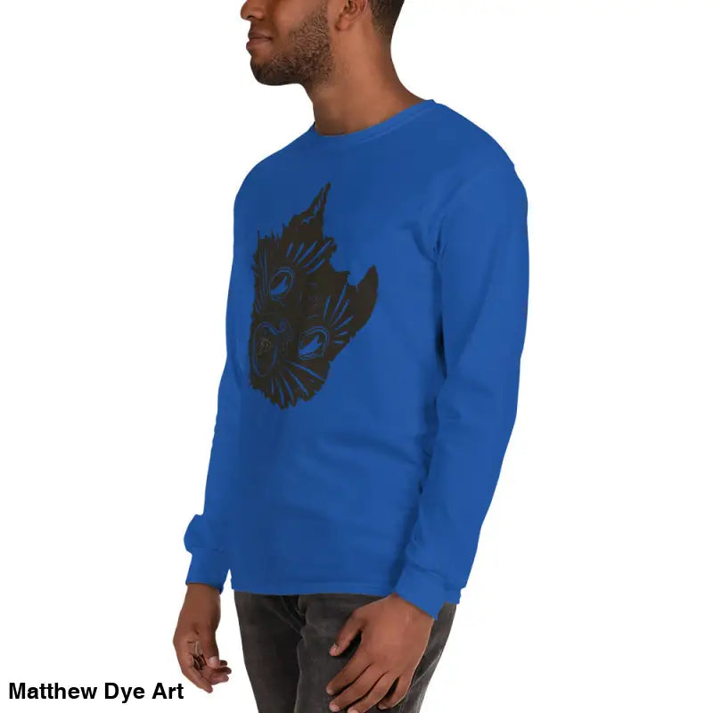 Blue long sleeve shirt with black graphic ideal for Halloween and spooky occasions