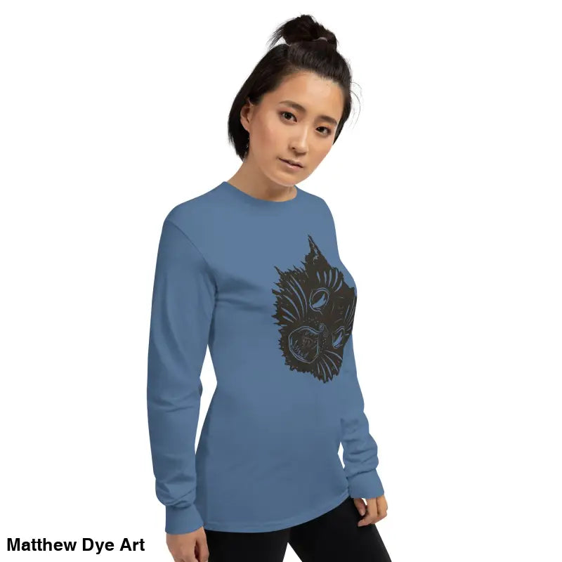 Blue long sleeve shirt featuring cat graphic for a spooky Halloween look