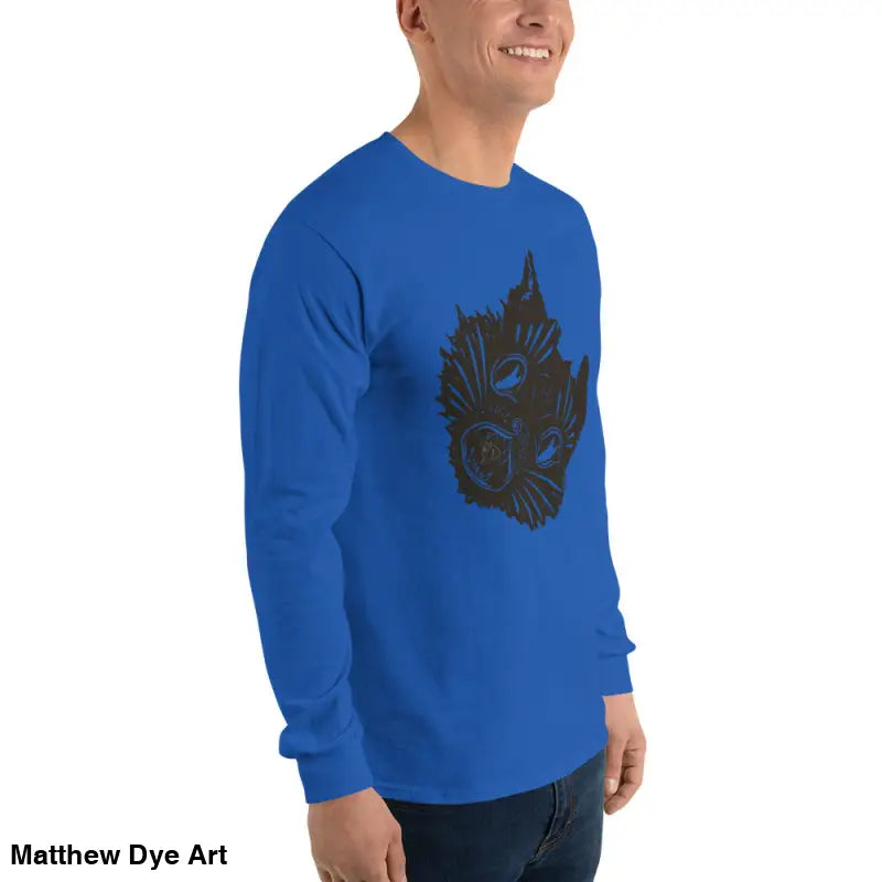 Blue long sleeve shirt featuring a spooky cat graphic for Halloween, AH KITTY design