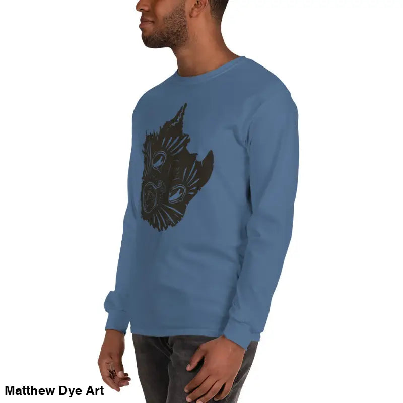 Blue long sleeve shirt featuring cat graphic for Halloween, AH KITTY Feral Nightmare design