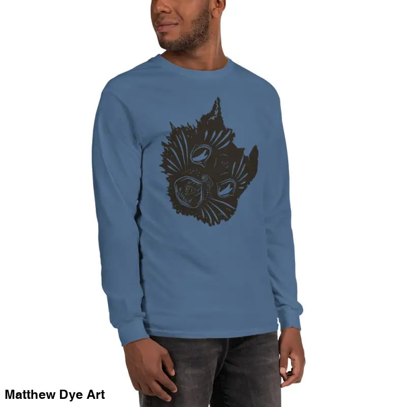 Blue long sleeve shirt featuring a black monster graphic for a spooky Halloween look