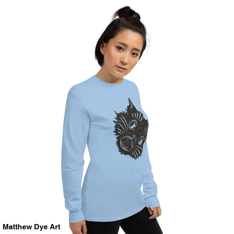 Light blue long sleeve shirt featuring a spooky cat graphic for Halloween moments