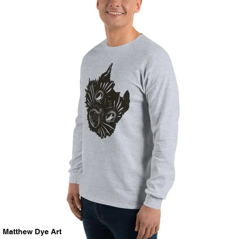 Light gray long sleeve shirt featuring a black cat design for a spooky Halloween look