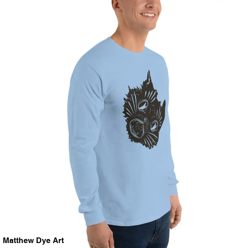 Light blue long sleeve shirt featuring a black cat design for a spooky Halloween look