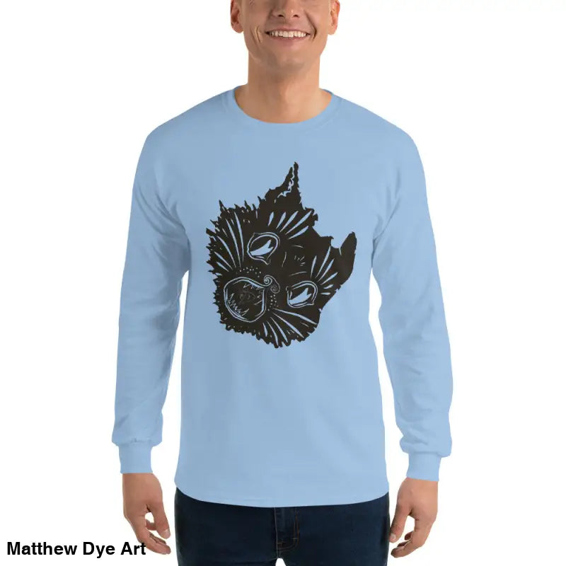 Light blue long sleeve shirt featuring a spooky black cat design for Halloween