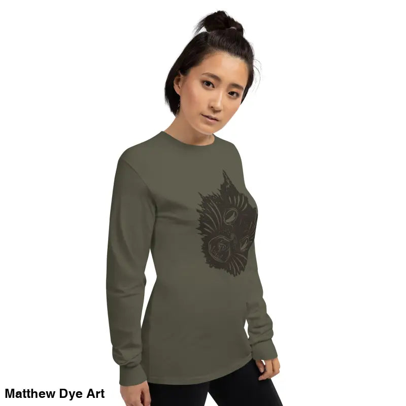 Olive green long sleeve shirt featuring a cat graphic for a spooky Halloween look