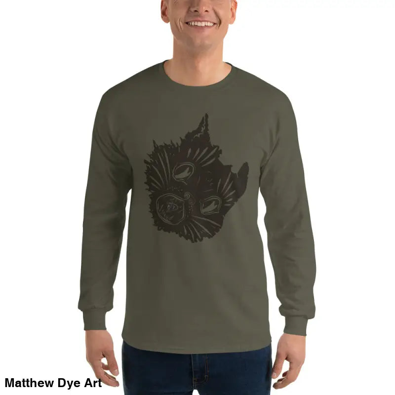 Olive green long sleeve shirt featuring a cat graphic for a spooky Halloween vibe