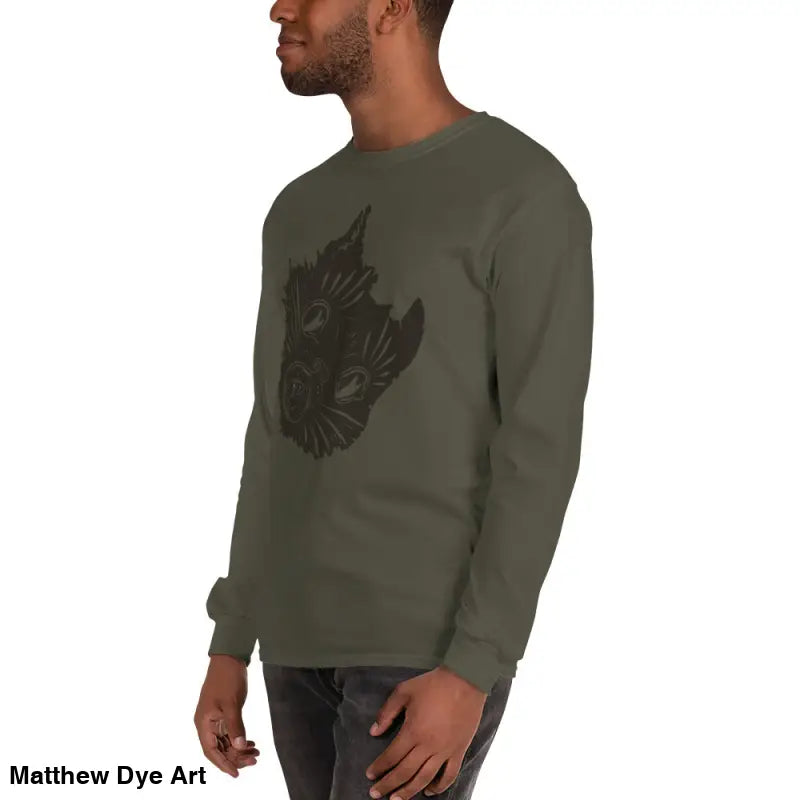 Olive green long sleeve shirt with graphic for a spooky Halloween style, AH KITTY Feral Nightmare