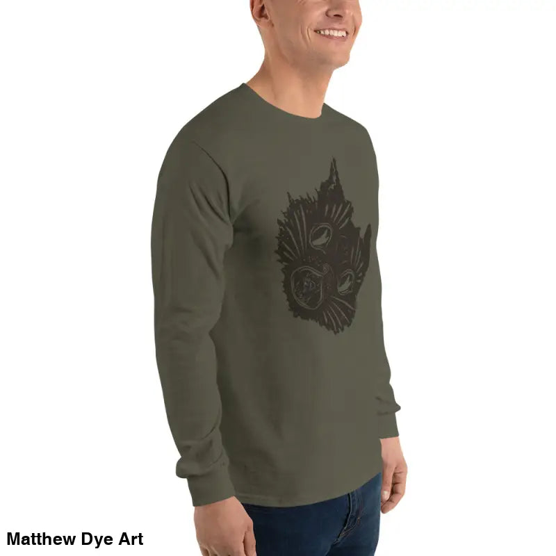 Olive green long sleeve shirt featuring a spooky dark cat design for Halloween