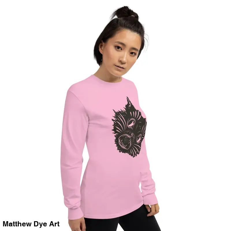 Pink long sleeve shirt featuring a cat graphic for a spooky Halloween style
