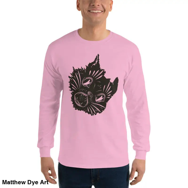 Pink long sleeve shirt with black graphic for a spooky Halloween look, AH KITTY design