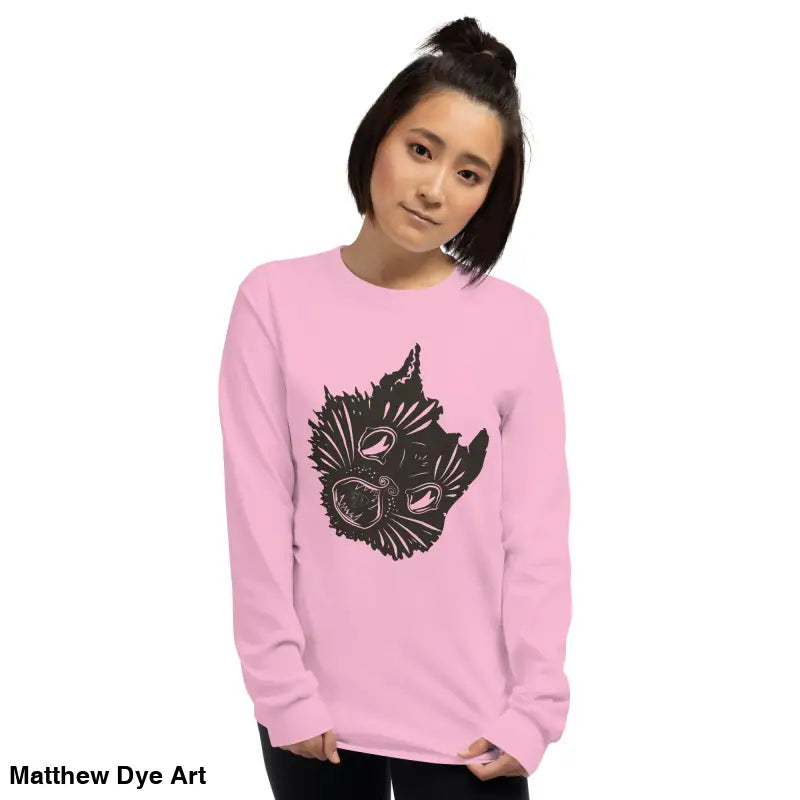 Pink long sleeve shirt featuring a spooky cat graphic for Halloween attire