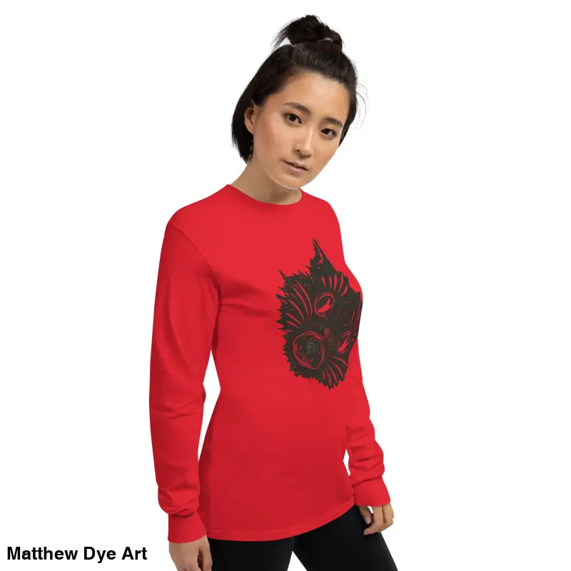 Red long sleeve shirt featuring a spooky cat graphic for Halloween, AH KITTY design