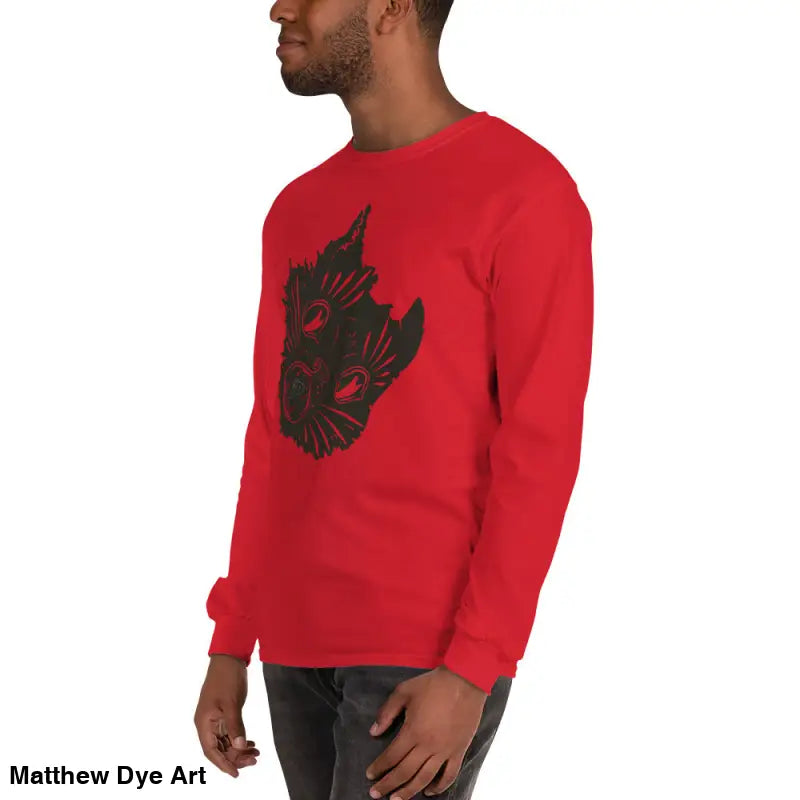 Red long sleeve shirt featuring a black cat graphic for a spooky Halloween look