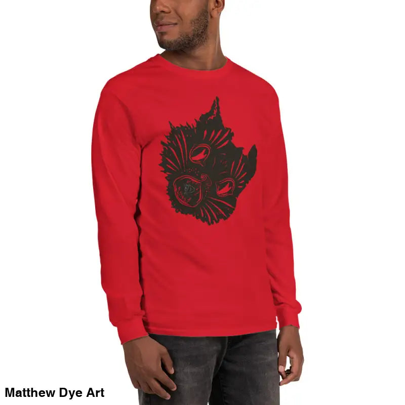 Red long sleeve shirt with cat graphic, perfect for a spooky Halloween look