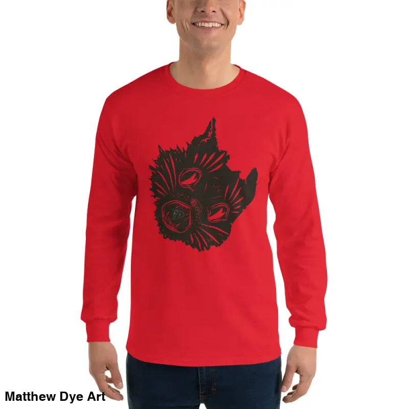Red long sleeve shirt featuring a black cat design for a spooky Halloween look