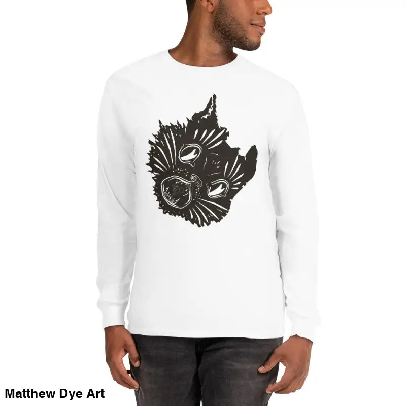 White long sleeve shirt with cat graphic, perfect for Halloween and spooky occasions