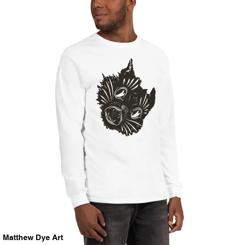 White long sleeve shirt with black graphic for a spooky Halloween theme, AH KITTY