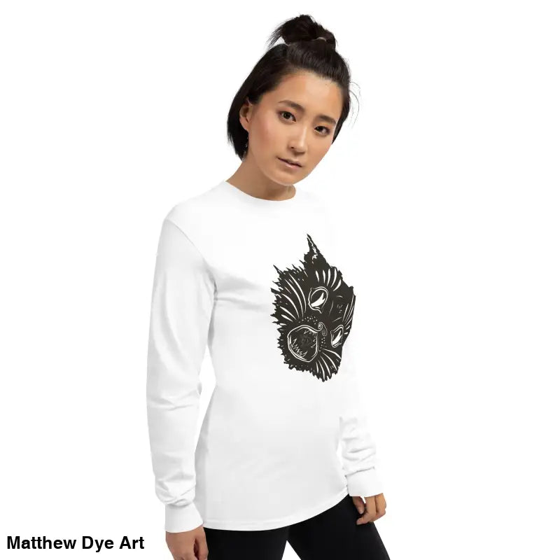 White long sleeve shirt featuring black cat graphic for Halloween and spooky aesthetics