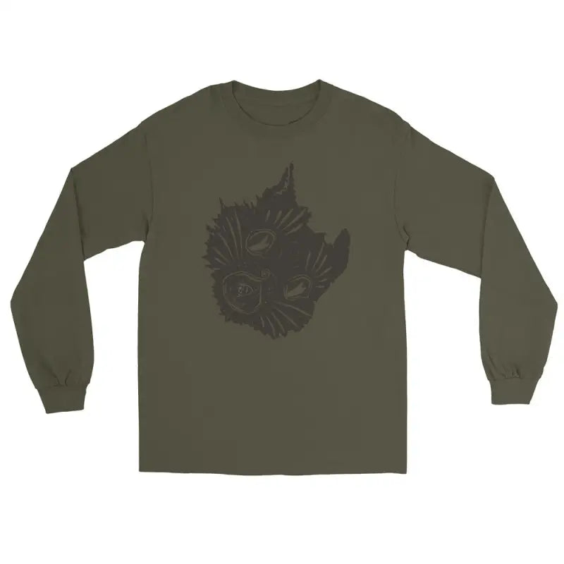 Olive green long sleeve shirt with dark graphic, perfect for Halloween and spooky themes