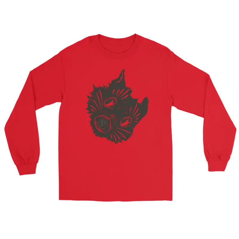 Red long sleeve shirt featuring dark abstract design, perfect for Halloween and horror fans