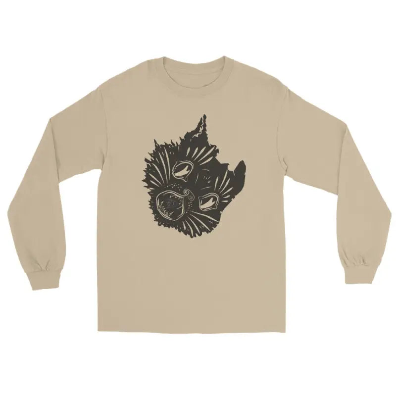 Beige long sleeve shirt featuring abstract cat face design for a spooky Halloween look