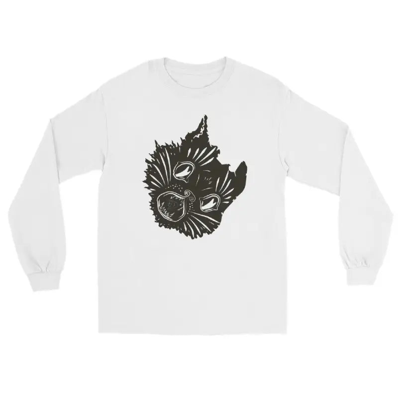 White long sleeve shirt featuring a black cat graphic, perfect for Halloween and spooky vibes