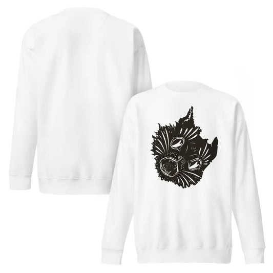 White premium spooky sweatshirt featuring kitty head graphic for unisex styles