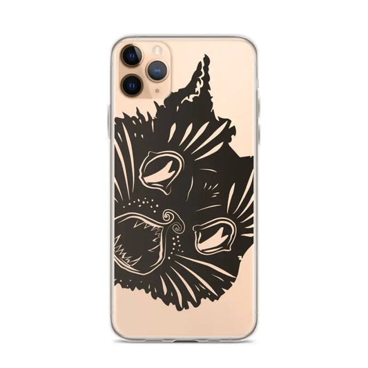 Black cat face silhouette on Ah Kitty Head iPhone Clear Case with spooky Halloween vibe