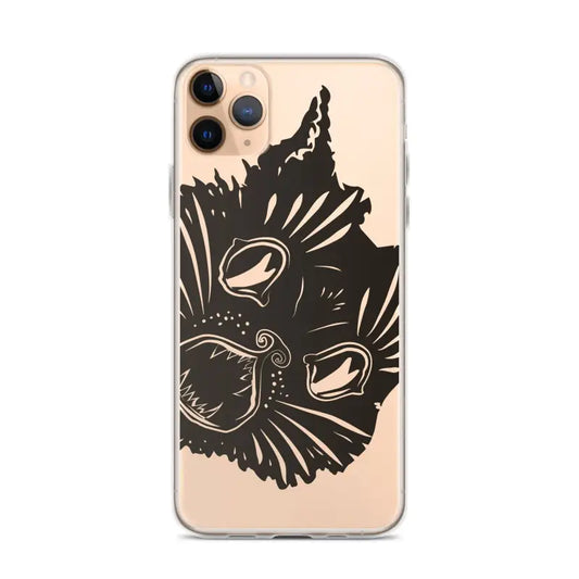 Black cat face silhouette on Ah Kitty Head iPhone Clear Case with spooky Halloween vibe