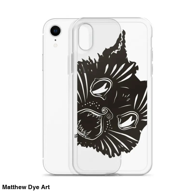 Clear iPhone case featuring Ah Kitty Head design with black cat face for spooky vibes