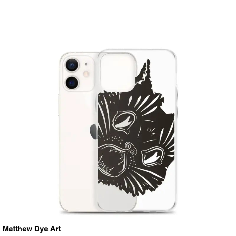 Black cat face illustration on Ah Kitty Head iPhone Clear Case for spooky Halloween vibes