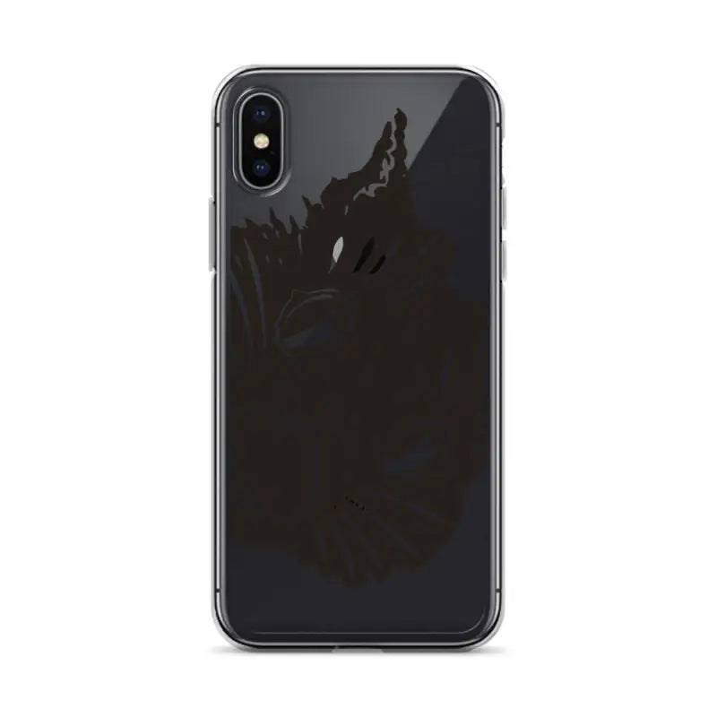 Black iPhone X with dual cameras in Ah Kitty Head iPhone Clear Case for spooky vibes