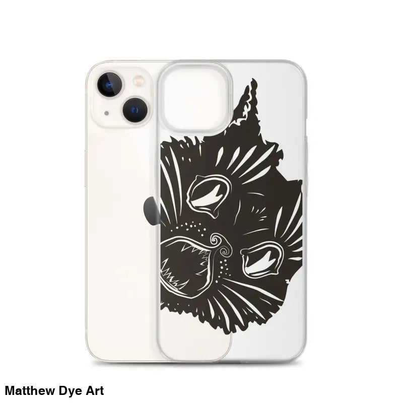 Black cat face illustration on Ah Kitty Head iPhone Clear Case with spooky Halloween vibe