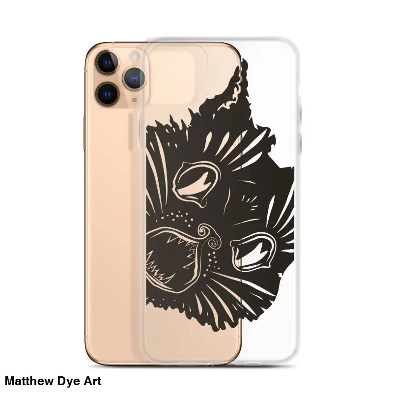 Black cat face illustration on Ah Kitty Head iPhone clear case with spooky Halloween vibe