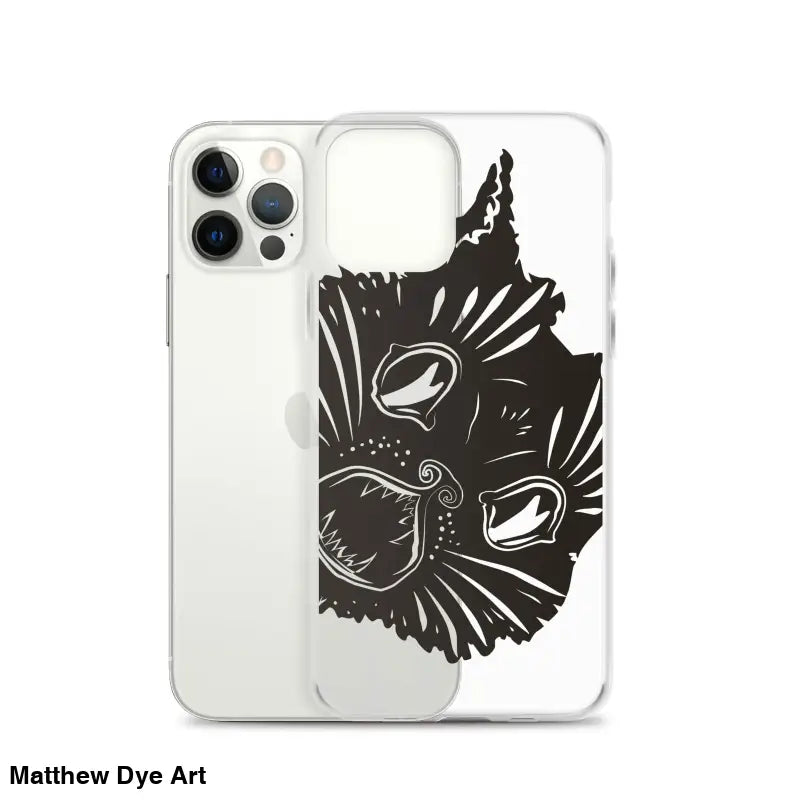 Black cat face design on Ah Kitty Head iPhone Clear Case for spooky Halloween vibe