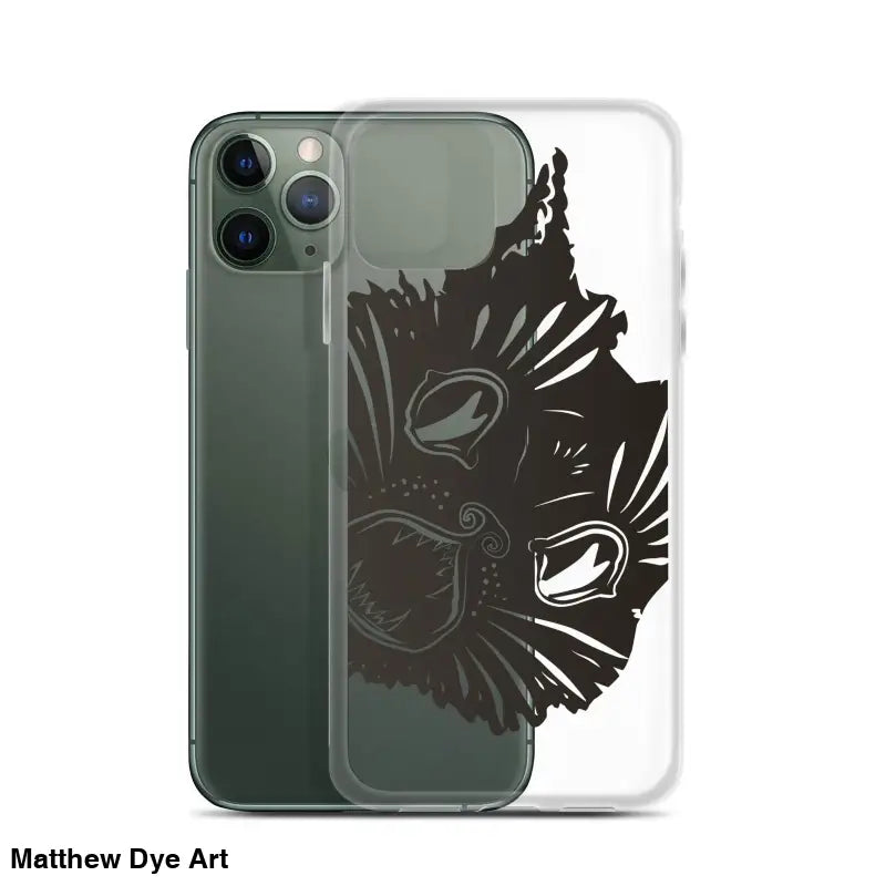 Clear iPhone case featuring black tribal bird design for Ah Kitty Head with spooky Halloween vibe