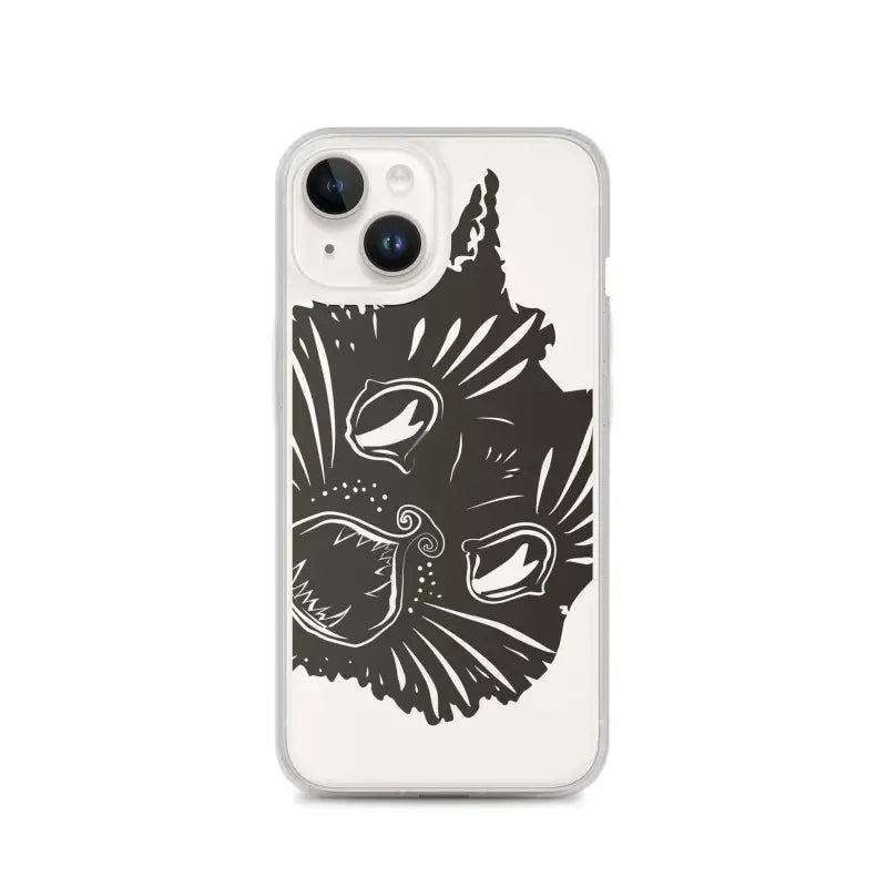 Black cat face silhouette with swirling whiskers on Ah Kitty Head iPhone Clear Case