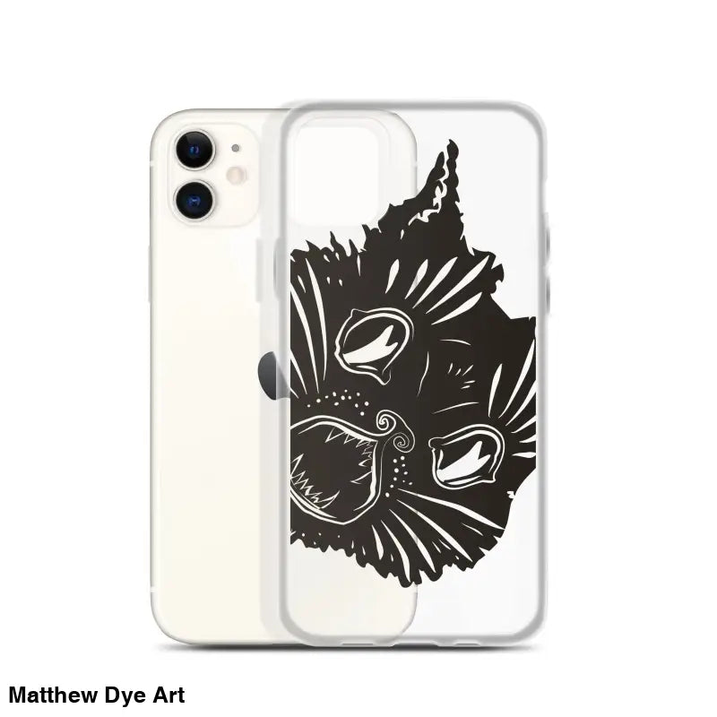 Black cat face illustration on Ah Kitty Head iPhone Clear Case for spooky Halloween vibe