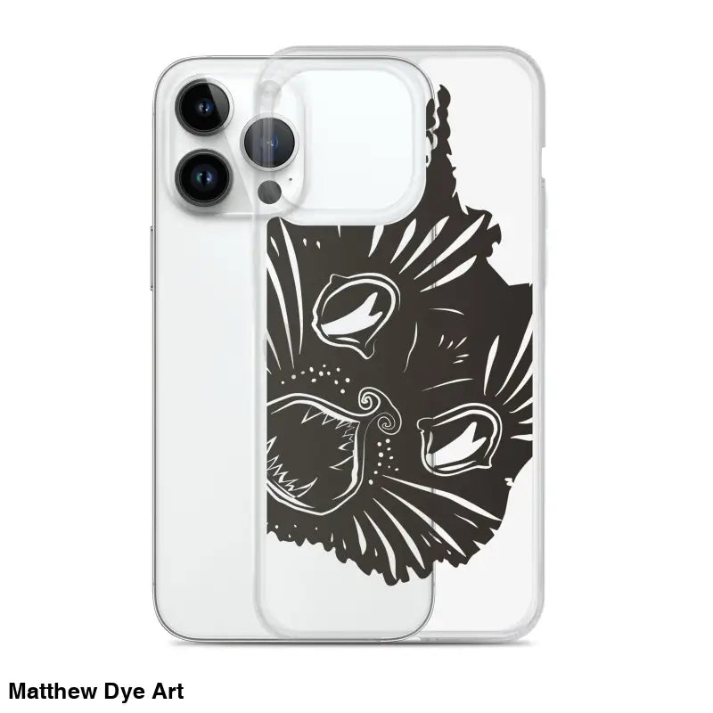 Clear iPhone case featuring a black cat face design for Ah Kitty Head with spooky Halloween vibe
