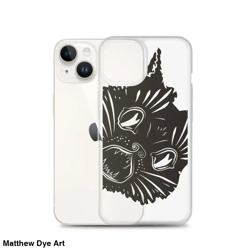 Black cat face illustration on Ah Kitty Head iPhone Clear Case with spooky Halloween vibe